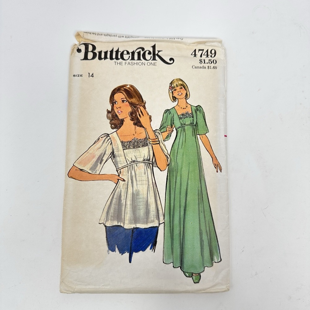 Butterick 4749 Vintage Dress And Top 1970's Sewing Pattern Women's Size 14